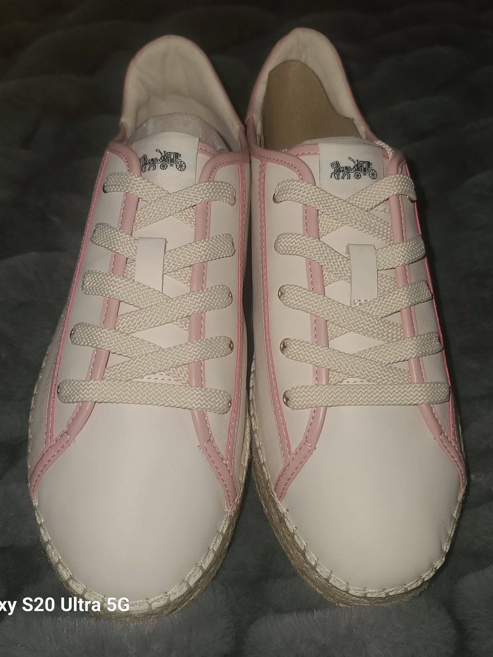 Coach White Leather Espadrille Sneakers with Pink Trim